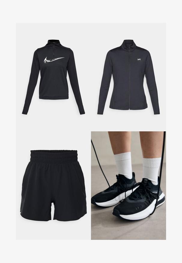Schwarze Sportjacke aus glattem, dehnbarem Stoff mit hohem Kragen und durchgehendem Reißverschluss, ausgestattet mit einem kleinen weißen Logo auf der oberen linken Seite.; Schwarzes langärmeliges Sportoberteil mit einem Viertel-Reißverschluss und einem auffälligen weißen Nike-Swoosh-Logo auf der Brust. Glatte Textur.; Schwarze Sportshorts mit einem elastischen Bund, glattem Stoff und einem lockeren Schnitt. Die Shorts verfügen über Seitentaschen und eine Oberschenkellänge.; Schwarze Sportschuhe aus strukturiertem Stoff, mit weißer Sohle und schwarzen Schnürsenkeln. Tragen mit weißen gerippten Socken, stehen auf einer hellen Fläche.