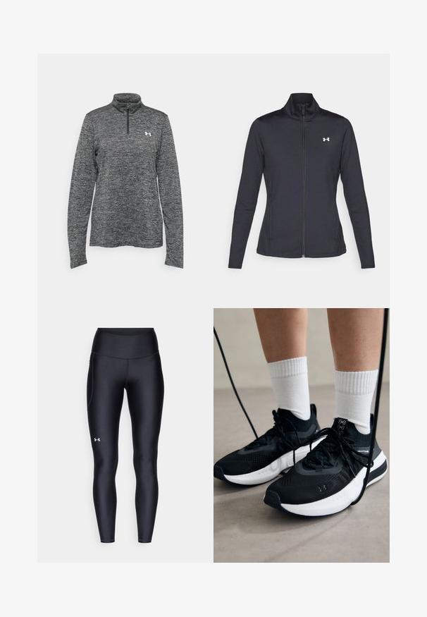 Schwarze Sportjacke aus glattem, dehnbarem Stoff mit hohem Kragen und durchgehendem Reißverschluss, ausgestattet mit einem kleinen weißen Logo auf der oberen linken Seite.; Grauer Langarm-Viertelreißverschluss-Pullover aus strukturiertem Stoff mit kleinem Logo auf der linken Brust. Flacher Kragen und gerader Saum.; Schwarze Leggings aus glattem, elastischem Material mit einem hohen Bund. Mit einem weißen Logo auf dem linken Oberschenkel und tailliertem Design.; Schwarze Sportschuhe aus strukturiertem Stoff, mit weißer Sohle und schwarzen Schnürsenkeln. Tragen mit weißen gerippten Socken, stehen auf einer hellen Fläche.