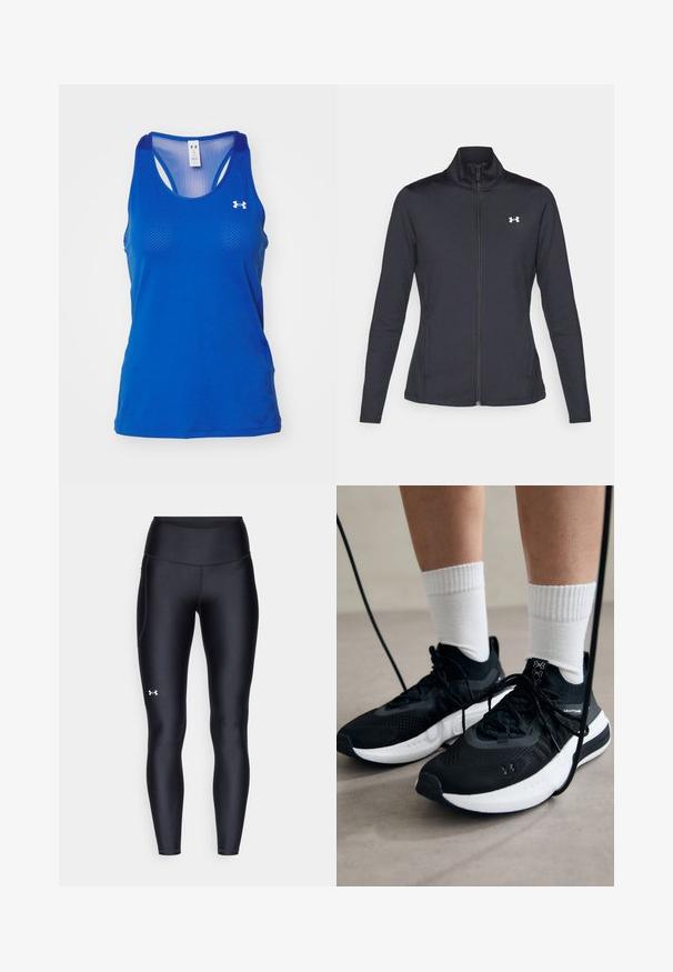 Zwarte sportjack gemaakt van glad, rekbaar materiaal met een hoge kraag en een volledige ritssluiting, met een klein wit logo op de bovenste linkerkant.; Under Armour TECH RACER - Top - tech blue/white; Zwarte leggings van glad, rekbaar materiaal met een hoge tailleband. Heeft een wit logo op de linkerdij en een aansluitend ontwerp.; Zwarte sportschoenen van gestructureerde stof, met een witte zool en zwarte veters. Draag ze met witte geribde sokken, staand op een lichte ondergrond.
