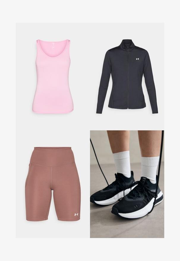 Fekete sportos dzseki sima, rugalmas anyagból, magas gallérral és teljes cipzárral, az elülső bal oldalon egy kis fehér logóval.; Rózsaszín újjatlan felső, sima, rugalmas anyagból. Kerek nyakkivágással és keskeny vállpántokkal rendelkezik, testhezálló kialakítással és letisztult szélekkel.; Magas derekú sportos rövidnadrág finom rózsaszín árnyalatban. Simító, rugalmas anyagból készült, oldalsó zsebbel és fehér logóval a szegély közelében.; Fekete sportcipők textúrált anyagból, fehér talppal és fekete fűzőkkel. Fehér bordázott zoknikkal viselve, világos felületen állva.