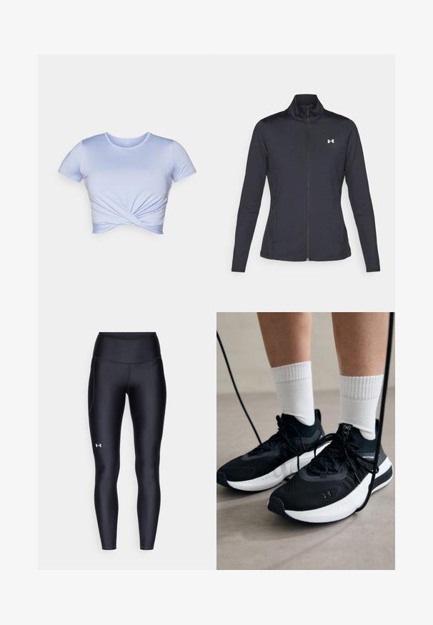 Schwarze Sportjacke aus glattem, dehnbarem Stoff mit hohem Kragen und durchgehendem Reißverschluss, ausgestattet mit einem kleinen weißen Logo auf der oberen linken Seite.; Hellblaues, kurzes T-Shirt aus glattem Stoff, mit einem Twist-Detail an der Vorderseite, kurzen Ärmeln und einem runden Halsausschnitt.; Schwarze Leggings aus glattem, elastischem Material mit einem hohen Bund. Mit einem weißen Logo auf dem linken Oberschenkel und tailliertem Design.; Schwarze Sportschuhe aus strukturiertem Stoff, mit weißer Sohle und schwarzen Schnürsenkeln. Tragen mit weißen gerippten Socken, stehen auf einer hellen Fläche.