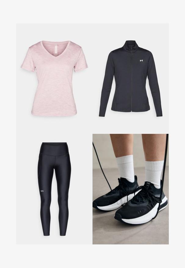 Černá sportovní bunda vyrobená z hladké a elastické textilie, s vysokým límcem a plným zipem, která má malé bílé logo na levé horní části.; Tričko s výstřihem do V a krátkým rukávem v světle růžové barvě s melírovanou texturou, měkkou tkaninou a šitými detaily na lemu.; Černé leginy vyrobené z hladkého, pružného materiálu s vysokým pasem. Obsahují bílé logo na levém stehně a mají přiléhavý střih.; Černé sportovní boty s texturovanou tkaninou, bílou podrážkou a černými tkaničkami. Nosené s bílými žebrovanými ponožkami, stojící na světlém povrchu.