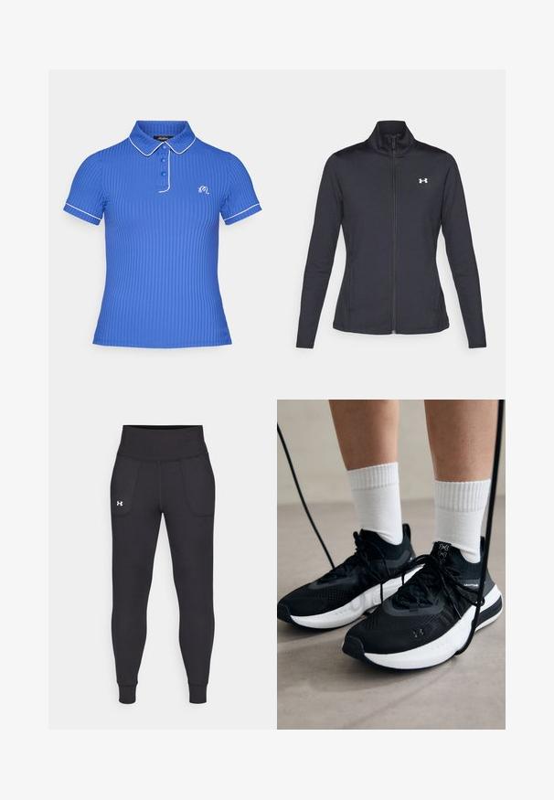 Casaco atlético preto feito de um tecido liso e elástico, com gola alta e zíper completo, apresentando um pequeno logótipo branco no canto superior esquerdo.; Camisa polo de malha azul com gola, placket de três botões, com acabamento branco nas mangas e na gola, apresentando um logótipo bordado.; Leggings atléticos pretos, feitos de material elástico, com uma cintura alta, bolsos laterais e punhos ajustados no tornozelo.; Sapatilhas desportivas pretas com tecido texturizado, sola branca e atacadores pretos. Usadas com meias brancas caneladas, a pé sobre uma superfície clara.