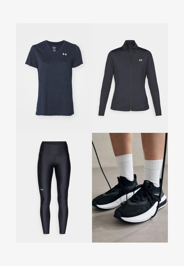 Casaco atlético preto feito de um tecido liso e elástico, com gola alta e zíper completo, apresentando um pequeno logótipo branco no canto superior esquerdo.; Camiseta azul-marinho de decote em V com mangas curtas, feita de um tecido leve e texturizado. Apresenta um pequeno logotipo prateado no canto superior esquerdo do peito.; Leggings pretos feitos de material liso e elástico, com uma cintura alta. Apresentam um logotipo branco na coxa esquerda e um design ajustado.; Sapatilhas desportivas pretas com tecido texturizado, sola branca e atacadores pretos. Usadas com meias brancas caneladas, a pé sobre uma superfície clara.