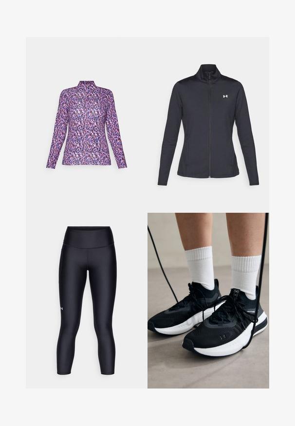 Czarna sportowa kurtka z gładkiego, elastycznego materiału, z wysokim kołnierzem i pełnym zamkiem, z małym białym logo na górnej lewej stronie.; Bluzka z długim rękawem w różowo-fioletowy wzór w panterkę, z wysokim kołnierzem i gładką, elastyczną fakturą materiału.; Czarne legginsy wykonane z gładkiego, elastycznego materiału. Wysoki stan, dopasowany krój oraz małe logo na lewej nodze.; Czarne buty sportowe z teksturowanym materiałem, białą podeszwą i czarnymi sznurowadłami. Nosi je osoba w białych skarpetkach w prążki, stojąca na jasnej powierzchni.
