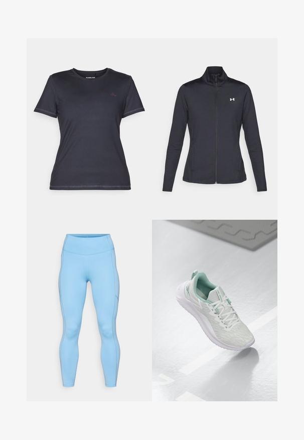 Jachetă sport neagră realizată dintr-un material neted și elastic, cu guler înalt și fermoar complet, având un mic logo alb în colțul din stânga sus.; Tricou cu mânecă scurtă, guler rotund, în nuanță de navy închis, cu o textură netedă și un accent contrastant de logo roz pe piept.; Leggings de culoare albastru deschis, realizate dintr-un material elastic. Prezintă un talie înaltă, o textură netedă și cusături curbe pe lângă picioare.; Pantof de sport gri deschis, cu un material tricotat texturat, accente verde menta, șireturi albe, talpă din cauciuc și o bucată pentru tragere la călcâi.
