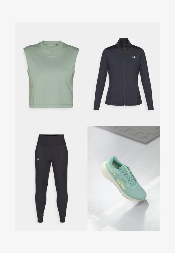 Fekete sportos dzseki sima, rugalmas anyagból, magas gallérral és teljes cipzárral, az elülső bal oldalon egy kis fehér logóval.; Világoszöld, ujjatlan crop top, puha anyagból készült, kerek nyakkivágással és a mellkason elhelyezett kis "BORG" logóval.; Fekete sportleggings rugalmas anyagból, magas derékfűzéssel, oldalsó zsebekkel és szűkített szárakkal a bokán.; Világos türkiz sportcipő texturált felsőrésszel, kontrasztos sárga részletekkel és tömör fehér talppal. Felszereltsége fűzők és márkájának logója.