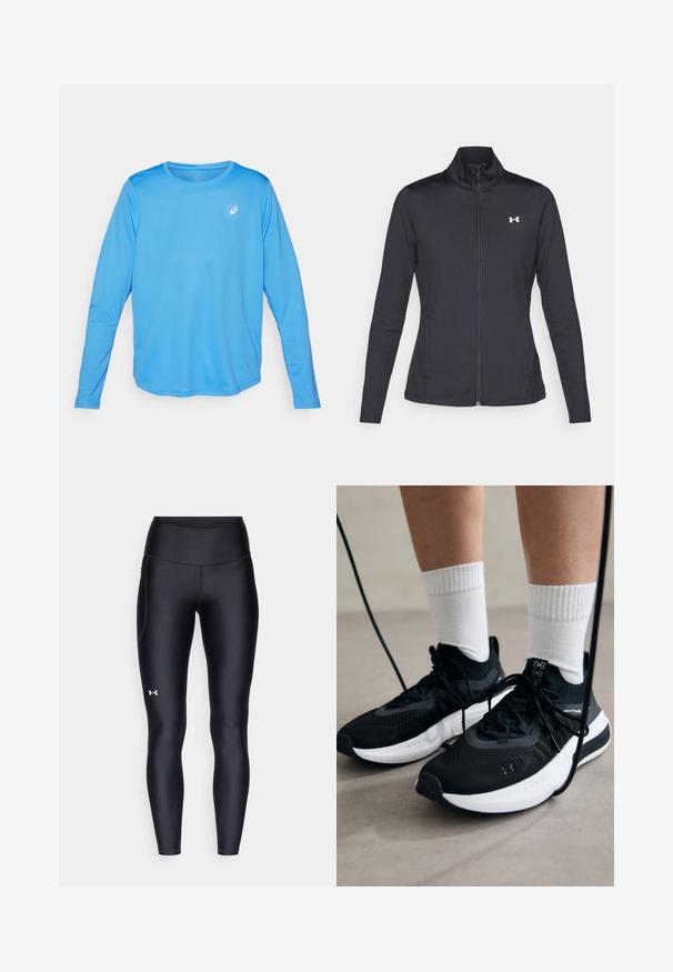 Black athletic jacket made of smooth, stretchy fabric with a high collar and full zipper, featuring a small white logo on the upper left side.; Long-sleeve athletic shirt in bright blue color. Made from smooth, lightweight fabric with a round neckline and a small white logo.; Black leggings made of smooth, stretchy material with a high waistband. Features a white logo on the left thigh and fitted design.; Black athletic shoes with textured fabric, white sole, and black laces. Worn with white ribbed socks, standing on a light surface.