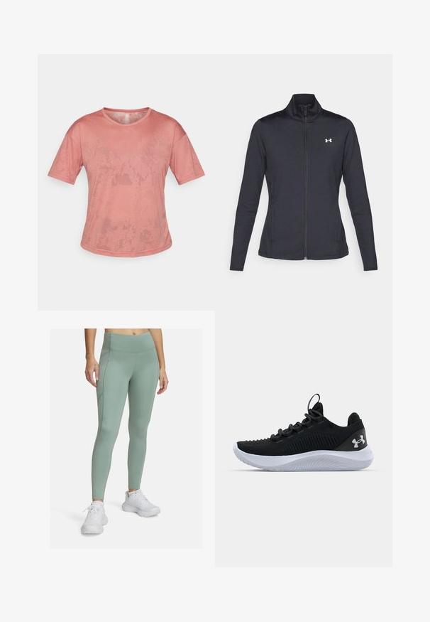 Juodas sportinis švarkas, pagamintas iš lygios, elastingos medžiagos, su aukštu apykakle ir pilnu užtrauktuku, su maža balta logo kairiajame viršutiniame kampe.; Rožinė trumpa rankovėmarškinė pagaminta iš minkštos medžiagos. Turi apvalų kaklą ir laisvą siluetą, paviršiuje matomi subtilūs tekstūros raštai.; Mėtos žalios spalvos legginai su aukštu liemeniu, stilingu dizainu ir šoninėmis siūlėmis, derinami su baltais sportiniais batais.; Juodi sportiniai batai su kvėpuojančia tinkline viršutine dalimi, tekstūruotais akcentais ir balto gumos padu. Yra lygios raišteliai ir užkulnio kilpa.