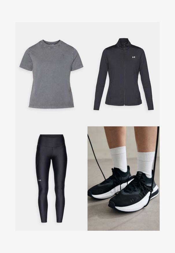 Chaqueta deportiva negra hecha de una tela suave y elástica, con cuello alto y cremallera completa, que presenta un pequeño logo blanco en la parte superior izquierda.; Camiseta de algodón gris con escote redondo, mangas cortas y un pequeño logo bordado en el pecho. Textura suave y diseño casual.; Leggings negros hechos de un material suave y elástico con una cintura alta. Presentan un logo blanco en el muslo izquierdo y un diseño ajustado.; Zapatillas deportivas negras con tela texturizada, suela blanca y cordones negros. Llevadas con calcetines blancos de canalé, de pie sobre una superficie clara.