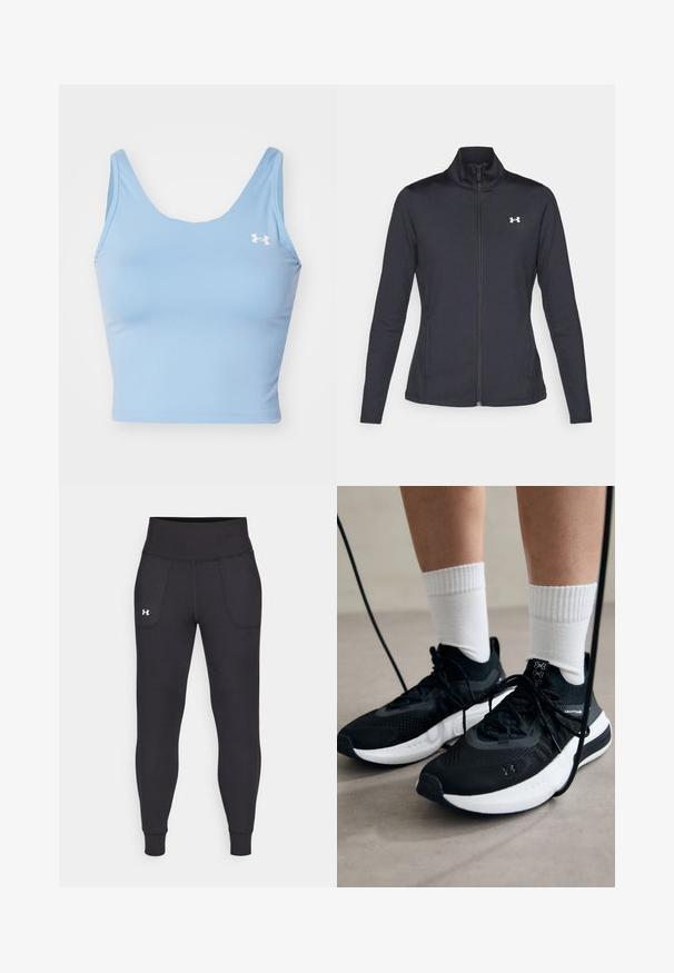 Fekete sportos dzseki sima, rugalmas anyagból, magas gallérral és teljes cipzárral, az elülső bal oldalon egy kis fehér logóval.; Világoskék crop top sima anyagból. Széles, kerek nyakkivágással és vékony pántokkal rendelkezik. A bal mellrészen egy kis fehér logó található.; Fekete sportleggings rugalmas anyagból, magas derékfűzéssel, oldalsó zsebekkel és szűkített szárakkal a bokán.; Fekete sportcipők textúrált anyagból, fehér talppal és fekete fűzőkkel. Fehér bordázott zoknikkal viselve, világos felületen állva.