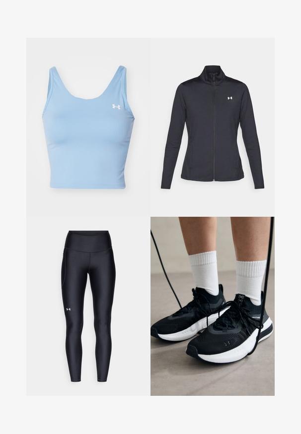 Černá sportovní bunda vyrobená z hladké a elastické textilie, s vysokým límcem a plným zipem, která má malé bílé logo na levé horní části.; Světle modrý crop top vyrobený z hladkého materiálu. Má široký výstřih a tenká ramínka. Obsahuje malé bílé logo na levé straně hrudi.; Černé leginy vyrobené z hladkého, pružného materiálu s vysokým pasem. Obsahují bílé logo na levém stehně a mají přiléhavý střih.; Černé sportovní boty s texturovanou tkaninou, bílou podrážkou a černými tkaničkami. Nosené s bílými žebrovanými ponožkami, stojící na světlém povrchu.