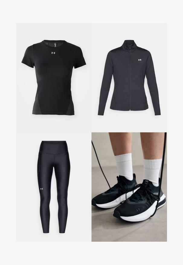 Černá sportovní bunda vyrobená z hladké a elastické textilie, s vysokým límcem a plným zipem, která má malé bílé logo na levé horní části.; Černé sportovní tričko s krátkým rukávem, kulatým výstřihem, texturovanými panely po stranách a stříbrným logem na hrudi.; Černé leginy vyrobené z hladkého, pružného materiálu s vysokým pasem. Obsahují bílé logo na levém stehně a mají přiléhavý střih.; Černé sportovní boty s texturovanou tkaninou, bílou podrážkou a černými tkaničkami. Nosené s bílými žebrovanými ponožkami, stojící na světlém povrchu.