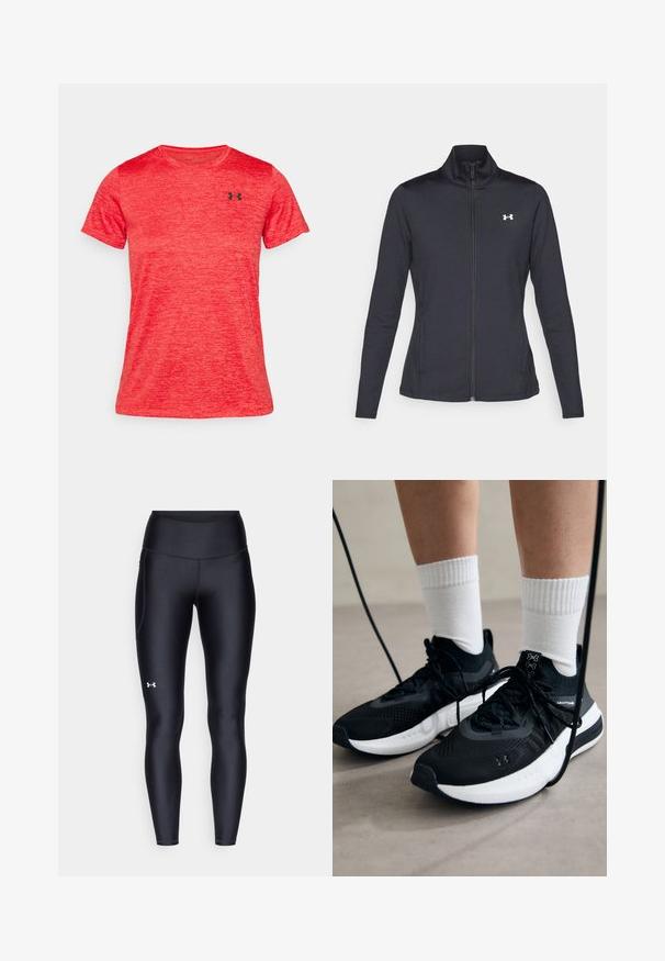Casaco atlético preto feito de um tecido liso e elástico, com gola alta e zíper completo, apresentando um pequeno logótipo branco no canto superior esquerdo.; Under Armour TWIST - T-shirt desportiva - racer red/black; Leggings pretos feitos de material liso e elástico, com uma cintura alta. Apresentam um logotipo branco na coxa esquerda e um design ajustado.; Sapatilhas desportivas pretas com tecido texturizado, sola branca e atacadores pretos. Usadas com meias brancas caneladas, a pé sobre uma superfície clara.