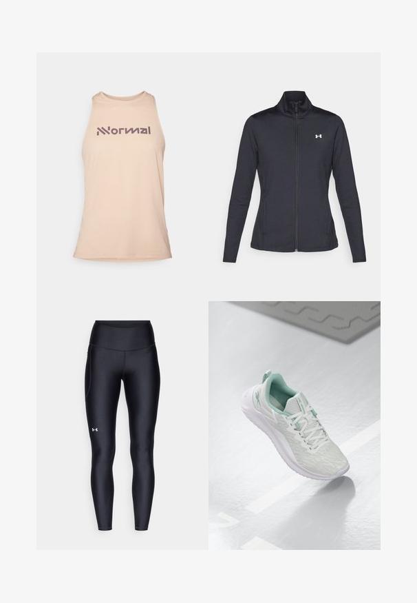 Čierna športová bunda vyrobená z hladkého, elastického materiálu s vysokým golierom a plným zipsom, s malým bielym logom na hornej ľavej strane.; Béžový bezrukávový top s textúrovanou tkaninou, na hrudi s výrazným fialovým nápisom "Normal".; Čierne legíny vyrobené z hladkého, elastického materiálu s vysokým pásom. Obsahujú biele logo na ľavom stehne a sú strihané na telo.; Svetlošedé športové topánky s štruktúrovaným pleteným zvrškom, mätozelenými akcentmi, bielymi šnúrkami, gumovou podrážkou a pútkom na päte.