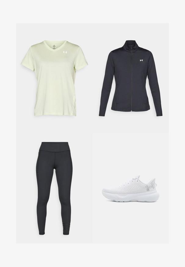 Mustmust mustrits mustritud jahk, valmistatud sujuvast, venivast kangast, kõrge kraega ja täispika tõmbluku ning väikese valge logoga vasakul üleval poole.; Under Armour TECH TWIST - Spordi T-särk - retro green/white; Mustad mustavad leggingud, mis on valmistatud elastsetest materjalidest, kõrgema vöökoha, sujuva disaini ja sirgete aktsentdetailidega pahkluude lähedal.; Valged spordijalatsid tekstuurse võrkkattega, sidumisdisain, pehmendusega kaelus ja pehmendatud valge tald. Külje peal on peenetune logo.