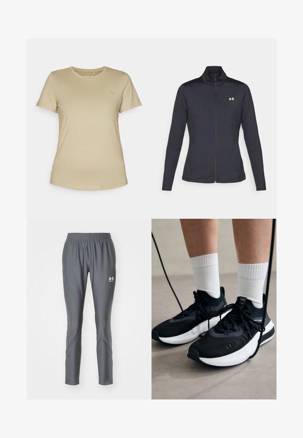 Casaco atlético preto feito de um tecido liso e elástico, com gola alta e zíper completo, apresentando um pequeno logótipo branco no canto superior esquerdo.; T-shirt bege de manga curta em um tecido liso e elástico. Apresenta um decote redondo e um logotipo discreto na parte superior esquerda do peito.; Calças de treino cinzentas feitas de um material liso e leve, com uma cintura elástica e pernas ajustadas, apresentando um pequeno logótipo branco.; Sapatilhas desportivas pretas com tecido texturizado, sola branca e atacadores pretos. Usadas com meias brancas caneladas, a pé sobre uma superfície clara.