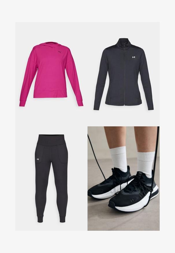 Melnās sporta jakas izgatavotas no gludas, elastīgas auduma ar augstu apkakli un pilnu rāvējslēdzēju, ar nelielu baltu logo augšējā kreisajā pusē.; Fuksijas krāsas kapuce, kas izgatavota no gludas auduma, ar kenguru kabatu, šņorēm regulējamu kapuci un melnu logotipu uz krūtīm.; Melnas sporta legingi, kas izgatavoti no stiepjama materiāla, ar augstu jostasvietu, sānu kabatām un pieguļošiem anklets.; Melni sporta apavi ar strukturētu audumu, balta zole un melni šņores. Valkāti ar baltām ribotām zeķēm, stāvot uz gaišas virsmas.