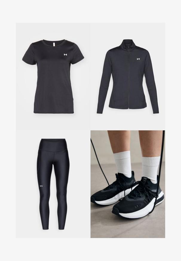 Mustmust mustrits mustritud jahk, valmistatud sujuvast, venivast kangast, kõrge kraega ja täispika tõmbluku ning väikese valge logoga vasakul üleval poole.; Must musta lühikeste varrukatega spordipaita, mis on valmistatud tekstuurilisest, hingavast kangast. Tootel on ümmargune kaelus ja rindkeres väike valge logo.; Mustad mustad, venitatud materjalist, kõrge vöökoht. Vasakul reie kohal on valge logo ning tihe disain.; Mustad mustad jalanõud tekstuuritud kangast, valge tallaga ja mustade paeltega. Kanna valgete soonikkudega sokkide sisse, seistes helesinisel pinnal.