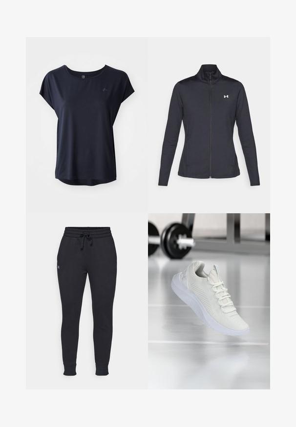 Juodas sportinis švarkas, pagamintas iš lygios, elastingos medžiagos, su aukštu apykakle ir pilnu užtrauktuku, su maža balta logo kairiajame viršutiniame kampe.; Tamsiai mėlynas sportinis marškinėlis su trumpomis rankovėmis, minkšta medžiaga, apvalia apykakle ir šiek tiek išlenktu kraštu. Maža logotipo detalė priekyje.; Juodos sportinės kelnės su elastingu juosmeniu, reguliuojamu raiščiu, įribuotais rankogaliais ir maža logotipu ant kairės kojos. Minkšta medvilnės ir sintetinių pluoštų medžiaga.; Balti sportiniai batai su tekstūruota tinklelio viršutine dalimi ir raištelių sistema, turintys paminkštintą baltą pado ir subtilius įdubimus.