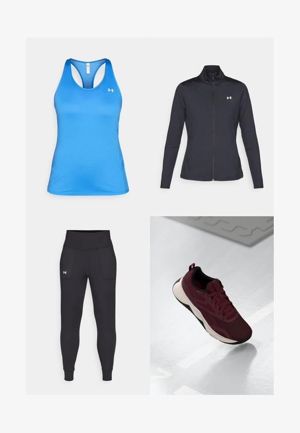 Svart treningsjakke laget av glatt, elastisk stoff med høy krage og hel glidelås, med en liten hvit logo på øvre venstre side.; Blå ermeløs treningstopp med racerback-design og liten hvit Under Armour-logo på venstre bryst.; Svarte sportsleggings laget av elastisk materiale, med høy midje, sidelommer og tettsittende mansjetter ved ankelen.; Burgunderfargede treningssko med mesh-overdel, svarte detaljer og en polstret hvit såle. Har snøring og et trekkpunkt på hælen.
