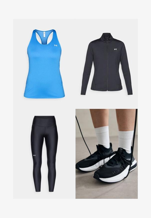 Črna atletska jakna iz gladkega, raztegljivega blaga z visokim ovratnikom in polnim zadrgo, ki ima majhen bel logotip na zgornji levi strani.; Modra brezrokavna atletska majica s racerback dizajnom in majhnim belim logotipom Under Armour na levem prsnem delu.; Črne pajkice iz gladkega, elastičnega materiala z visokim pasom. Imajo bel logotip na levem stegnu in oprijet kroj.; Črne športne čevlje z strukturirano tkanino, belo podplatom in črnimi vezalkami. Nosi se z belimi rebrastimi nogavicami, stoje na svetli površini.