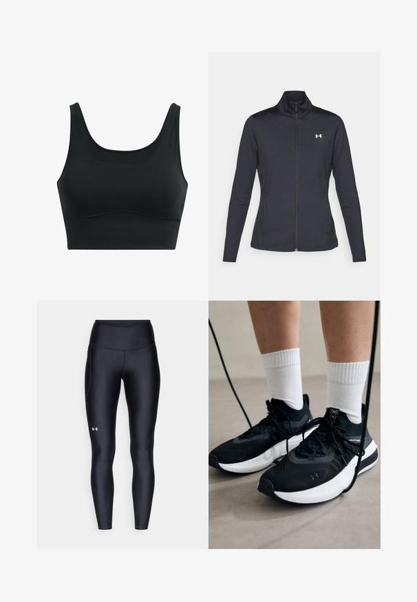 Black athletic jacket made of smooth, stretchy fabric with a high collar and full zipper, featuring a small white logo on the upper left side.; Black sports bra made of smooth fabric, featuring a scoop neck, wide straps, and seamless design with a curved hemline.; Black leggings made of smooth, stretchy material with a high waistband. Features a white logo on the left thigh and fitted design.; Black athletic shoes with textured fabric, white sole, and black laces. Worn with white ribbed socks, standing on a light surface.