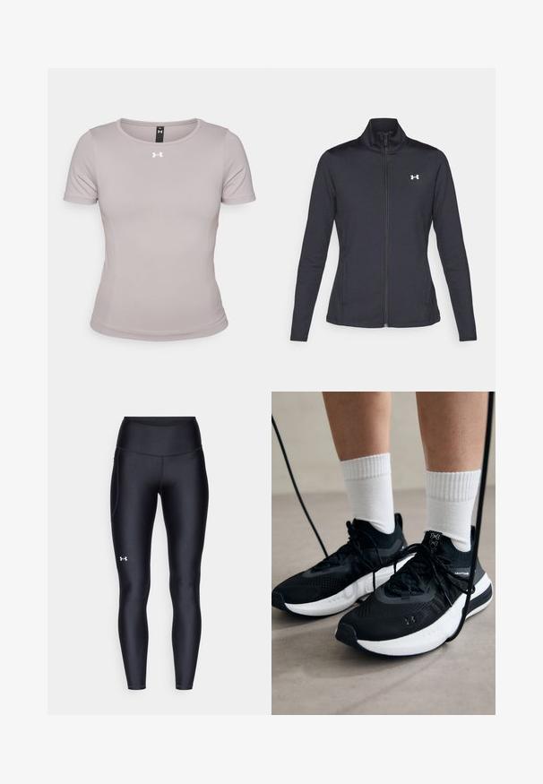 Casaco atlético preto feito de um tecido liso e elástico, com gola alta e zíper completo, apresentando um pequeno logótipo branco no canto superior esquerdo.; Camisola atlética de mangas curtas, de cor cinza-claro, com decote redondo, feita de um tecido liso e elástico. Apresenta um pequeno logo branco no peito.; Leggings pretos feitos de material liso e elástico, com uma cintura alta. Apresentam um logotipo branco na coxa esquerda e um design ajustado.; Sapatilhas desportivas pretas com tecido texturizado, sola branca e atacadores pretos. Usadas com meias brancas caneladas, a pé sobre uma superfície clara.