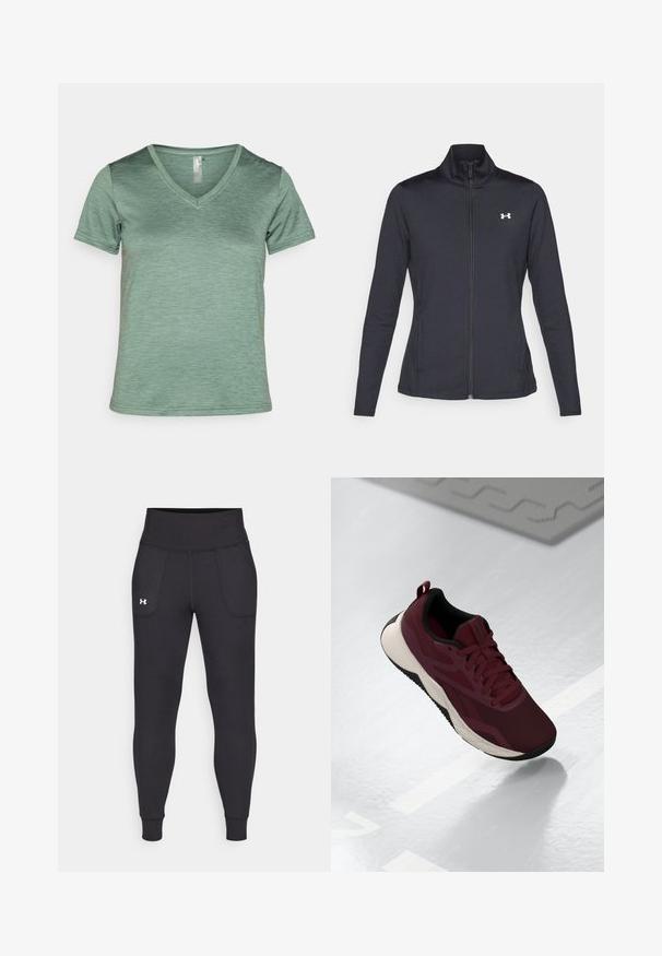 Fekete sportos dzseki sima, rugalmas anyagból, magas gallérral és teljes cipzárral, az elülső bal oldalon egy kis fehér logóval.; Zöld, V-nyakú, rövid ujjú póló, texturált, könnyű anyagból, finom heather mintával és varrt szegélyekkel.; Fekete sportleggings rugalmas anyagból, magas derékfűzéssel, oldalsó zsebekkel és szűkített szárakkal a bokán.; Bordó sportcipő hálós felsőrészével, fekete részletekkel és párnázott fehér talppal. Fűzős záródással és saroknál húzófüllel rendelkezik.