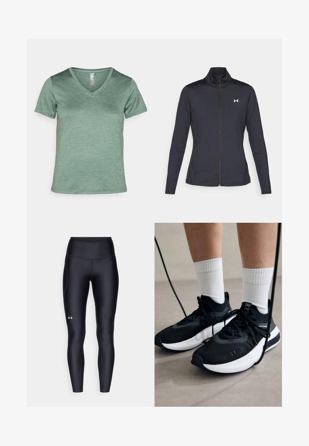 Casaco atlético preto feito de um tecido liso e elástico, com gola alta e zíper completo, apresentando um pequeno logótipo branco no canto superior esquerdo.; T-shirt de manga curta em verde claro com decote em V, feito de um tecido leve e texturizado com um padrão sutil de mistura de cores e acabamentos cosidos.; Leggings pretos feitos de material liso e elástico, com uma cintura alta. Apresentam um logotipo branco na coxa esquerda e um design ajustado.; Sapatilhas desportivas pretas com tecido texturizado, sola branca e atacadores pretos. Usadas com meias brancas caneladas, a pé sobre uma superfície clara.