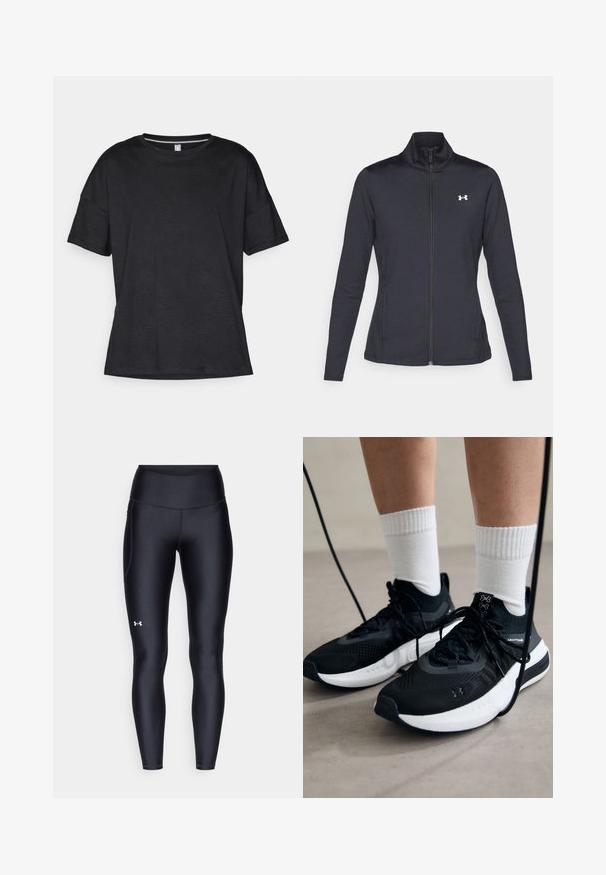 Melnās sporta jakas izgatavotas no gludas, elastīgas auduma ar augstu apkakli un pilnu rāvējslēdzēju, ar nelielu baltu logo augšējā kreisajā pusē.; Melna īsām piedurknēm T-krekls, izgatavots no teksturēta materiāla ar smalku viļņu rakstu, ar apaļu kakla izgriezumu un brīvu piegriezumu.; Melnas leginses, kas izgatavotas no gluda, elastīga materiāla ar augstām jostām. Ir balta logo kreisajā augšstilbā un pieguļoša piegriezuma dizains.; Melni sporta apavi ar strukturētu audumu, balta zole un melni šņores. Valkāti ar baltām ribotām zeķēm, stāvot uz gaišas virsmas.