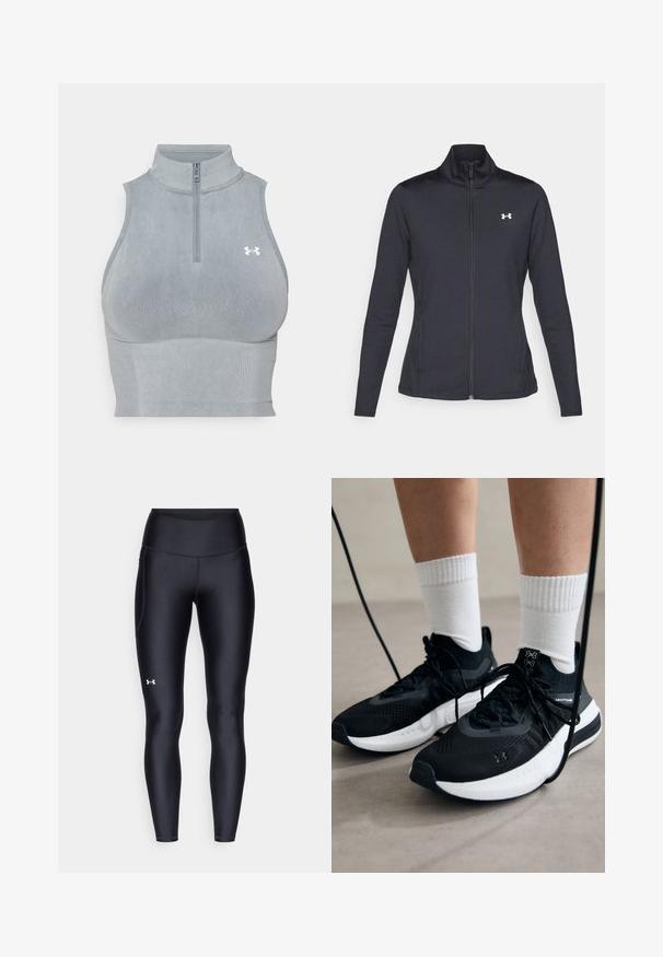 Musta urheilutakki, joka on valmistettu sileästä ja joustavasta kankaasta. Takissa on korkea kaulus ja täysipitkä vetoketju, sekä pieni valkoinen logo vasemmalla ylhäällä.; Harmaa urheilu lyhythihainen toppi, jossa on korkea kaulus ja neljännesvetoketju, ominaisuuksina sileä pinta ja pieni valkoinen logo edessä.; Mustat legginsit, jotka on valmistettu sileästä ja venyvästä materiaalista, korkealla vyötäröllä. Vasemmassa reidessä on valkoinen logo ja istuva muotoilu.; Mustat urheilukengät, joissa on teksturoitua kangasta, valkoiset pohjat ja mustat nauhat. Yhdistetty valkoisten urheilusukkien kanssa, seisten vaalealla pinnalla.