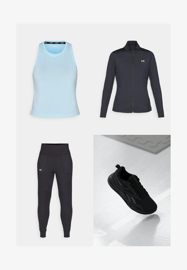 Giacca sportiva nera realizzata in tessuto morbido ed elasticizzato, con colletto alto e zip completa, caratterizzata da un piccolo logo bianco sul lato sinistro superiore.; Top atletico azzurro chiaro con scollatura rotonda, senza maniche e una fascia nera con il marchio lungo il collo. Tessuto liscio.; Leggings atletici neri realizzati in materiale elastico, con un alto giro vita, tasche laterali e polsini aderenti alla caviglia.; Scarpa sportiva nera con tomaia in rete, caratterizzata da accenti testurizzati e una suola piatta. Include un marchio tonale e un passante sul tallone.