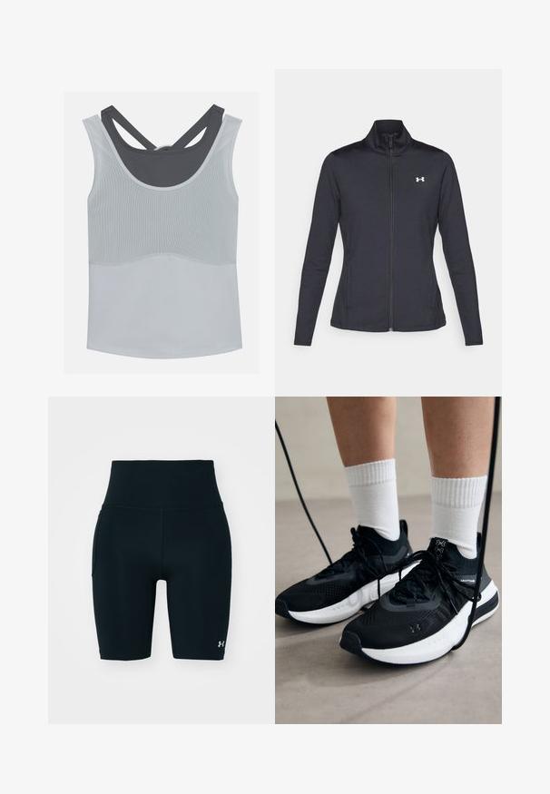 Czarna sportowa kurtka z gładkiego, elastycznego materiału, z wysokim kołnierzem i pełnym zamkiem, z małym białym logo na górnej lewej stronie.; Even&Odd active - Top; Czarne szorty sportowe wykonane z elastycznego materiału, z wysokim stanem i boczną kieszenią. Gładka tekstura z płaskimi szwami i akcentem w postaci logo.; Czarne buty sportowe z teksturowanym materiałem, białą podeszwą i czarnymi sznurowadłami. Nosi je osoba w białych skarpetkach w prążki, stojąca na jasnej powierzchni.