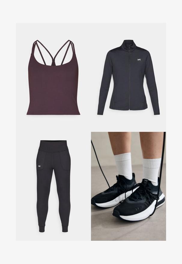 Giacca sportiva nera realizzata in tessuto morbido ed elasticizzato, con colletto alto e zip completa, caratterizzata da un piccolo logo bianco sul lato sinistro superiore.; Top senza maniche di colore viola scuro realizzato in tessuto morbido, con sottili spalline doppie e scollatura arrotondata. Orlo senza cuciture nella parte inferiore.; Leggings atletici neri realizzati in materiale elastico, con un alto giro vita, tasche laterali e polsini aderenti alla caviglia.; Scarpe sportive nere con tessuto testurizzato, suola bianca e lacci neri. Indossate con calzini bianchi a costine, in piedi su una superficie chiara.