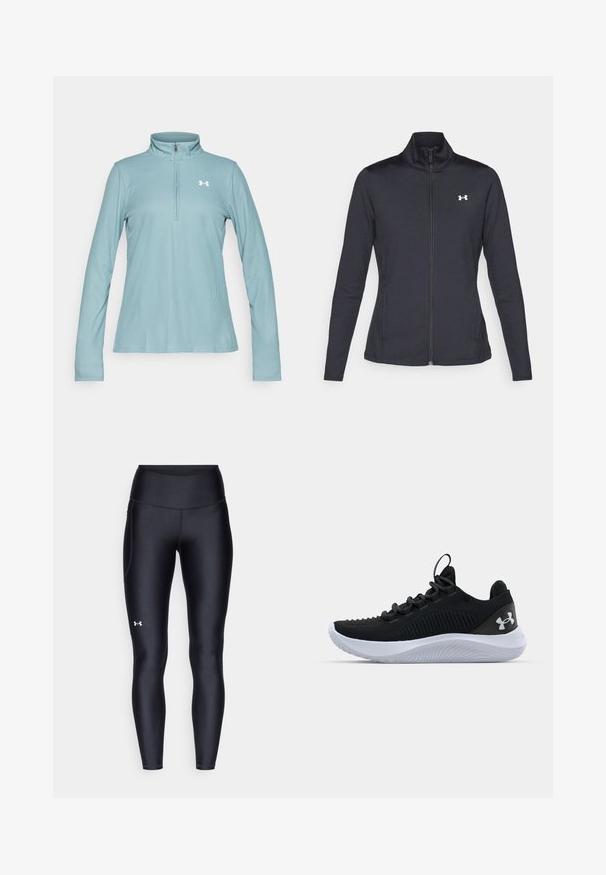 Svart treningsjakke laget av glatt, elastisk stoff med høy krage og hel glidelås, med en liten hvit logo på øvre venstre side.; Lyseblå, langermet genser med kvart glidelås. Laget av teksturert stoff med ribbestruktur. Har en hvit logo på brystet.; Sorte leggings laget av glatt, elastisk materiale med høy midje. Har en hvit logo på venstre lår og en tettsittende design.; Sorte atletiske sko med en pustende mesh-overdel, teksturert detailing og en hvit gummisåle. Har flate snører og en pull-tab på hælen.