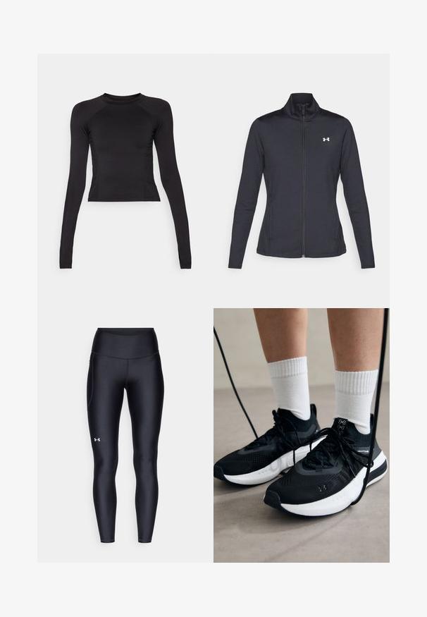Black athletic jacket made of smooth, stretchy fabric with a high collar and full zipper, featuring a small white logo on the upper left side.; Black long-sleeve crop top made of stretchy fabric, featuring a round neckline and raglan sleeves with subtle seam detailing.; Black leggings made of smooth, stretchy material with a high waistband. Features a white logo on the left thigh and fitted design.; Black athletic shoes with textured fabric, white sole, and black laces. Worn with white ribbed socks, standing on a light surface.