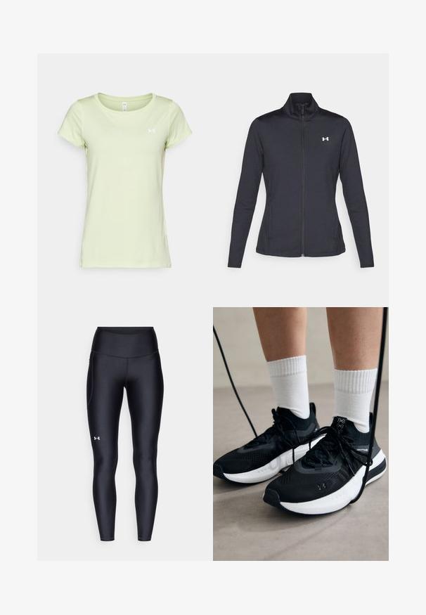 Black athletic jacket made of smooth, stretchy fabric with a high collar and full zipper, featuring a small white logo on the upper left side.; Light green athletic t-shirt made of breathable mesh fabric, featuring short sleeves and a round neckline. Small white logo on the chest.; Black leggings made of smooth, stretchy material with a high waistband. Features a white logo on the left thigh and fitted design.; Black athletic shoes with textured fabric, white sole, and black laces. Worn with white ribbed socks, standing on a light surface.