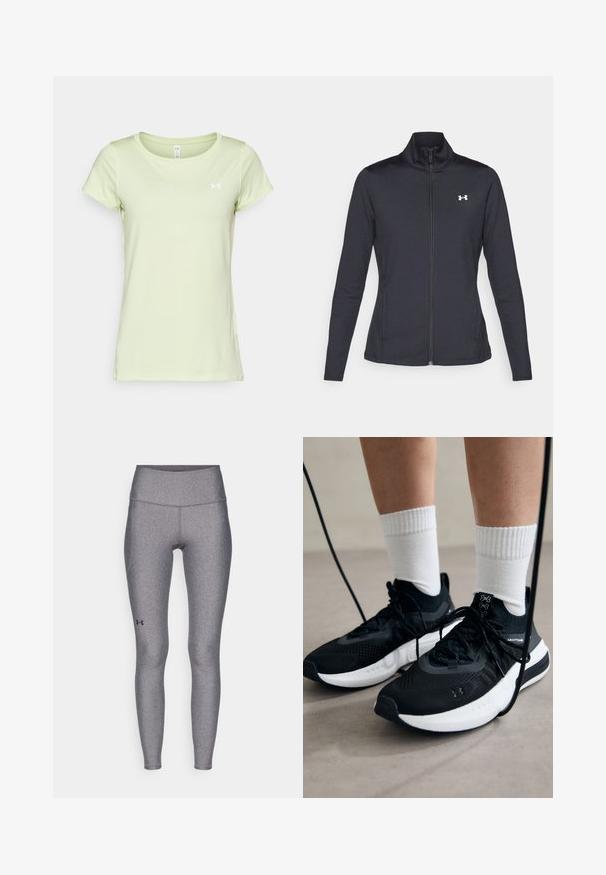 Black athletic jacket made of smooth, stretchy fabric with a high collar and full zipper, featuring a small white logo on the upper left side.; Light green athletic t-shirt made of breathable mesh fabric, featuring short sleeves and a round neckline. Small white logo on the chest.; Gray athletic leggings featuring a high waistband, smooth texture, and subtle sheen, with a small black logo on the lower leg.; Black athletic shoes with textured fabric, white sole, and black laces. Worn with white ribbed socks, standing on a light surface.