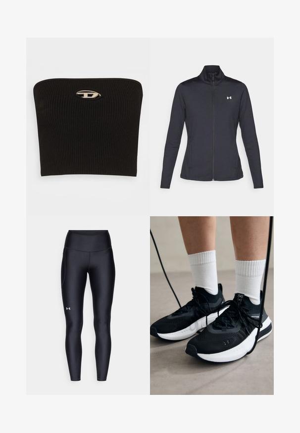 Fekete sportos dzseki sima, rugalmas anyagból, magas gallérral és teljes cipzárral, az elülső bal oldalon egy kis fehér logóval.; Fekete bordázott pánt nélküli felső, jellegzetes ovális ezüst logóval a közepén. Simára kidolgozott textúra és testhez simuló kialakítás.; Fekete leggings sima, rugalmas anyagból, magas derékkal. Bal combján fehér logó található, és testhezálló kialakítású.; Fekete sportcipők textúrált anyagból, fehér talppal és fekete fűzőkkel. Fehér bordázott zoknikkal viselve, világos felületen állva.
