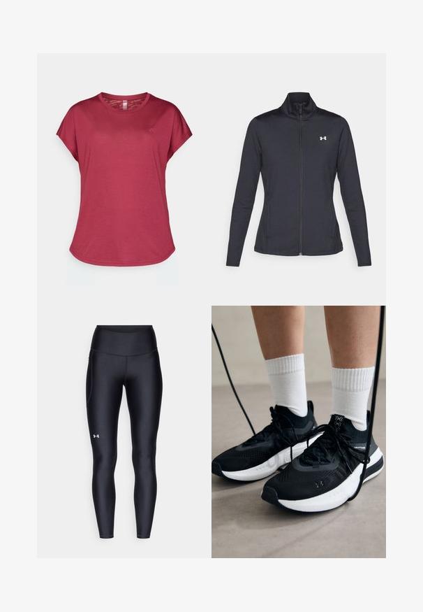 Crna atletska jakna napravljena od glatkog, rastezljivog materijala s visokim kragnom i punim patentnim zatvaračem, s malim bijelim logotipom na gornjoj lijevoj strani.; Tijelo ružičaste boje kratkih rukava s okruglim izrezom, meke teksture, opuštenog kroja i suptilnim logotipom na lijevoj prednjoj strani.; Crne tajice izrađene od glatkog, rastezljivog materijala s visokim strukom. Imaju bijeli logo na lijevom butu i prilagođen dizajn.; Crne atletske cipele s teksturiranim materijalom, bijelim potplatima i crnim vezicama. Nosene s bijelim rebrastim čarapama, stojeći na svijetloj površini.