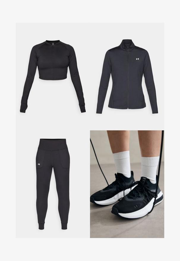 Juodas sportinis švarkas, pagamintas iš lygios, elastingos medžiagos, su aukštu apykakle ir pilnu užtrauktuku, su maža balta logo kairiajame viršutiniame kampe.; Juodas trumpas ilgomis rankovėmis viršus su aukštu apykakle ir priekine užtrauktuku, pagamintas iš lygaus, tamprių audinio; prigludusi dizainas su raglano rankovėmis.; Juodos sportinės leginsai, pagaminti iš tamprių medžiagų, su aukštu juosmeniu, šoninėmis kišenėmis ir priglundančiomis blauzdų manžetėmis.; Juodi sportiniai batai su tekstūruotu audiniu, balta padu ir juodais raiščiais. Dėvimi su baltais raištiniais kojiniais, stovint lengvame paviršiuje.
