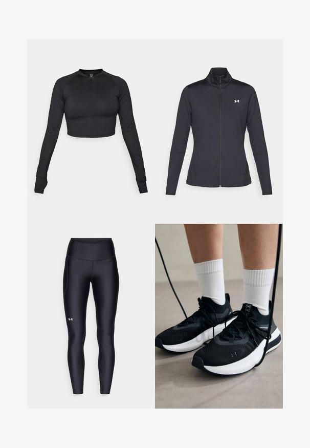 Musta urheilutakki, joka on valmistettu sileästä ja joustavasta kankaasta. Takissa on korkea kaulus ja täysipitkä vetoketju, sekä pieni valkoinen logo vasemmalla ylhäällä.; Mustat lyhytvartiset pitkähihaiset pusero korkealla kaula-aukolla ja edessä vetoketjulla, valmistettu sileästä joustavasta kankaasta; istuva muotoilu raglan-hihoilla.; Mustat legginsit, jotka on valmistettu sileästä ja venyvästä materiaalista, korkealla vyötäröllä. Vasemmassa reidessä on valkoinen logo ja istuva muotoilu.; Mustat urheilukengät, joissa on teksturoitua kangasta, valkoiset pohjat ja mustat nauhat. Yhdistetty valkoisten urheilusukkien kanssa, seisten vaalealla pinnalla.