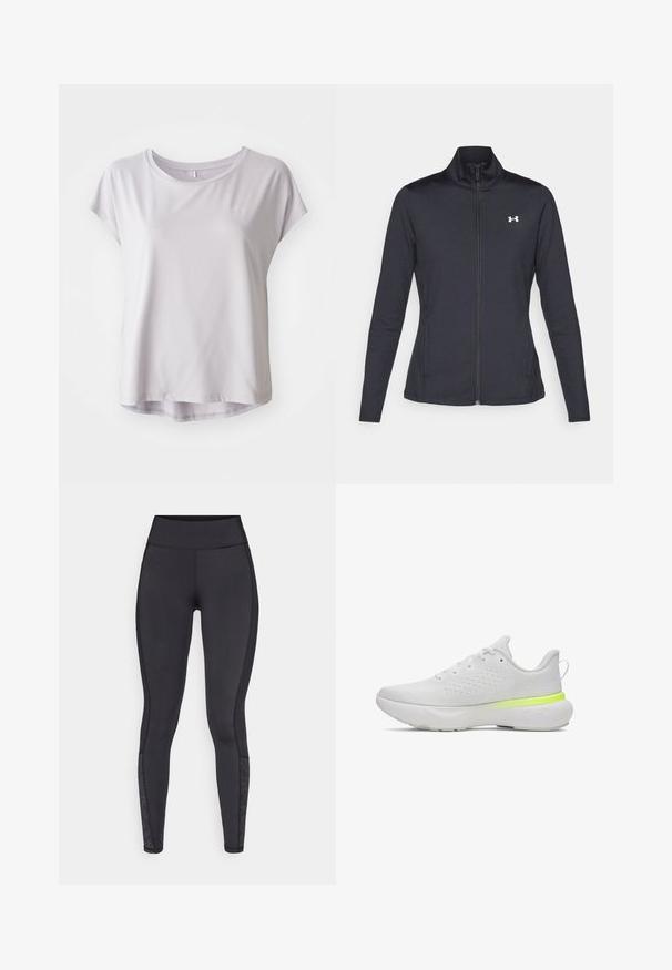 Černá sportovní bunda vyrobená z hladké a elastické textilie, s vysokým límcem a plným zipem, která má malé bílé logo na levé horní části.; Světle šedé sportovní tričko s krátkým rukávem vyrobené z hladkého, prodyšného materiálu; kulatý výstřih s jemně zakřiveným lemem pro uvolněný střih.; Černé legíny vyrobené z elastického materiálu. Vysoký pas, hladká textura, se vzorovanými akcenty na dolní části nohou.; Bílé sportovní boty s prodyšným síťovaným svrškem, zaoblenou špičkou a zeleným akcentem na patě; mají polstrovanou podrážku pro pohodlí.