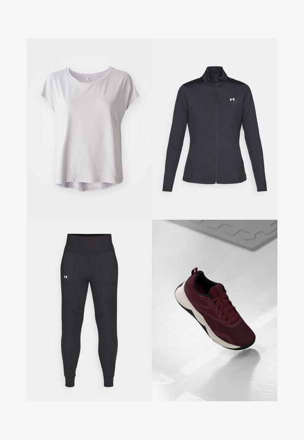 Svart treningsjakke laget av glatt, elastisk stoff med høy krage og hel glidelås, med en liten hvit logo på øvre venstre side.; Lys grå, kortermet treningsskjorte laget av glatt, pustende stoff; rund hals med subtil buet søm for en avslappet passform.; Svarte sportsleggings laget av elastisk materiale, med høy midje, sidelommer og tettsittende mansjetter ved ankelen.; Burgunderfargede treningssko med mesh-overdel, svarte detaljer og en polstret hvit såle. Har snøring og et trekkpunkt på hælen.