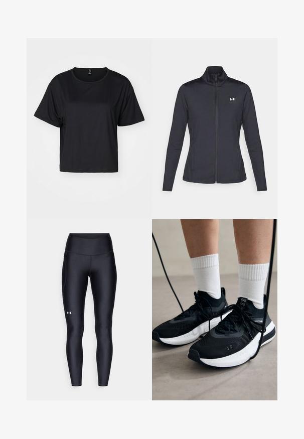 Mustmust mustrits mustritud jahk, valmistatud sujuvast, venivast kangast, kõrge kraega ja täispika tõmbluku ning väikese valge logoga vasakul üleval poole.; Must have lühikeste varrukatega must crop top, mis on valmistatud siledast materjalist. Topil on ümar kaelus ja lahtine lõige, puhtad õmblused ning pole nähtavaid mustreid.; Mustad mustad, venitatud materjalist, kõrge vöökoht. Vasakul reie kohal on valge logo ning tihe disain.; Mustad mustad jalanõud tekstuuritud kangast, valge tallaga ja mustade paeltega. Kanna valgete soonikkudega sokkide sisse, seistes helesinisel pinnal.