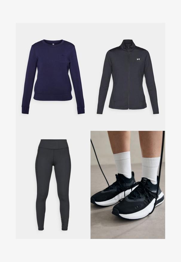 Giacca sportiva nera realizzata in tessuto morbido ed elasticizzato, con colletto alto e zip completa, caratterizzata da un piccolo logo bianco sul lato sinistro superiore.; Felpa blu navy, colletto a girocollo, maniche lunghe, polsini e fondo a coste, realizzata in tessuto morbido con un dettaglio del logo discreto sul petto.; Leggings neri realizzati in materiale elasticizzato, con una vita alta, un design elegante e dettagli a strisce vicino alla caviglia.; Scarpe sportive nere con tessuto testurizzato, suola bianca e lacci neri. Indossate con calzini bianchi a costine, in piedi su una superficie chiara.
