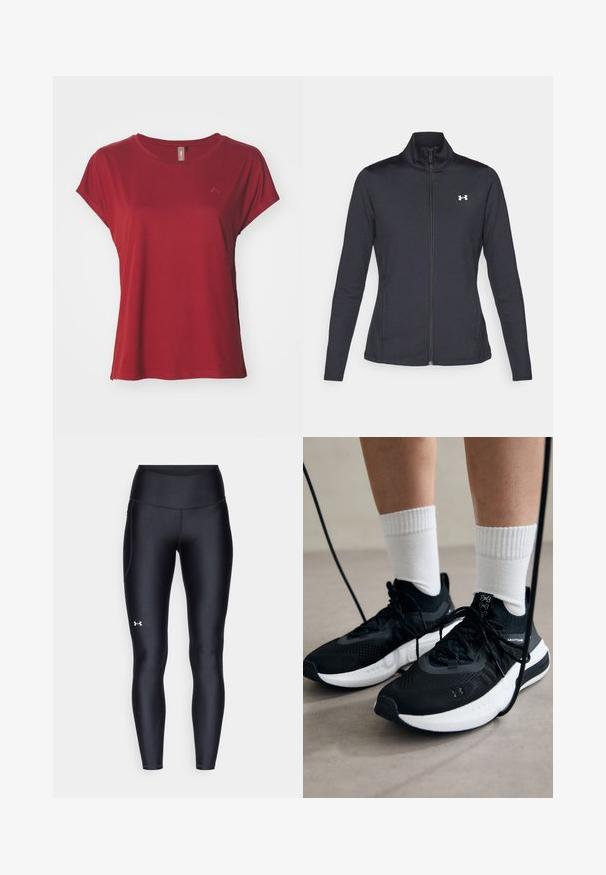 Black athletic jacket made of smooth, stretchy fabric with a high collar and full zipper, featuring a small white logo on the upper left side.; ONLY Play ONPAUBREE LIFE ON BAT LOOSE TEE - Basic T-shirt - sun-dried tomato; Black leggings made of smooth, stretchy material with a high waistband. Features a white logo on the left thigh and fitted design.; Black athletic shoes with textured fabric, white sole, and black laces. Worn with white ribbed socks, standing on a light surface.