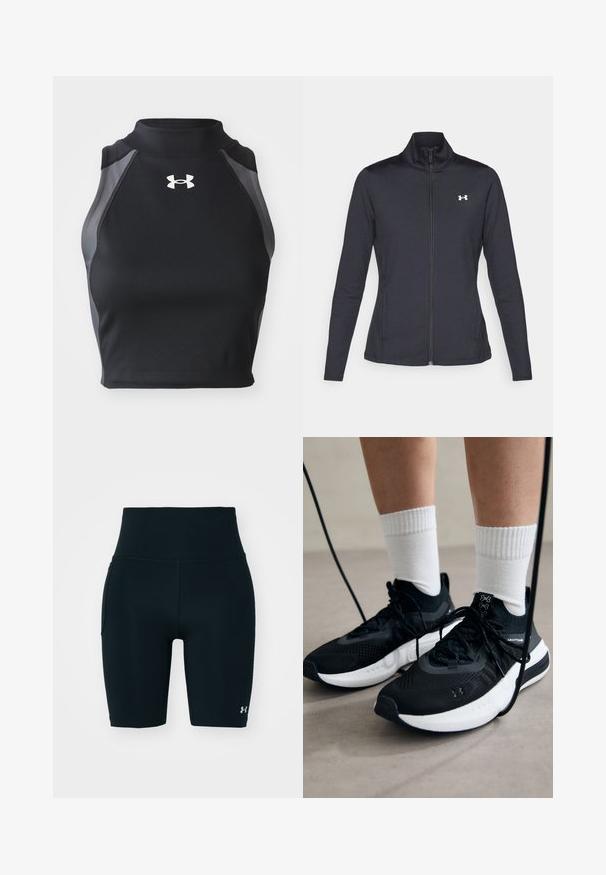 Black athletic jacket made of smooth, stretchy fabric with a high collar and full zipper, featuring a small white logo on the upper left side.; Black crop top with a high collar, ribbed texture, and gray side accents. Features a small white logo on the front.; Black athletic shorts made of stretchy fabric, featuring a high waistband and side pocket. Smooth texture with flat seams and logo accent.; Black athletic shoes with textured fabric, white sole, and black laces. Worn with white ribbed socks, standing on a light surface.