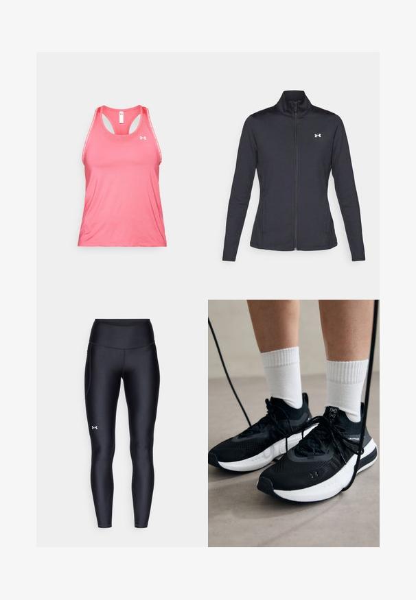 Juodas sportinis švarkas, pagamintas iš lygios, elastingos medžiagos, su aukštu apykakle ir pilnu užtrauktuku, su maža balta logo kairiajame viršutiniame kampe.; Rožinė sportinė liemenė, pagaminta iš lygaus, lengvo audinio. Turi lenktą nugaros dizainą, su kontrastinga balta logotipo ir kraštų apdaila.; Juodos leggingai, pagaminti iš lygaus, elastingo audinio su aukštu juosmeniu. Kairiajame šlaunyje yra baltas logotipas ir tvirta konstrukcija.; Juodi sportiniai batai su tekstūruotu audiniu, balta padu ir juodais raiščiais. Dėvimi su baltais raištiniais kojiniais, stovint lengvame paviršiuje.